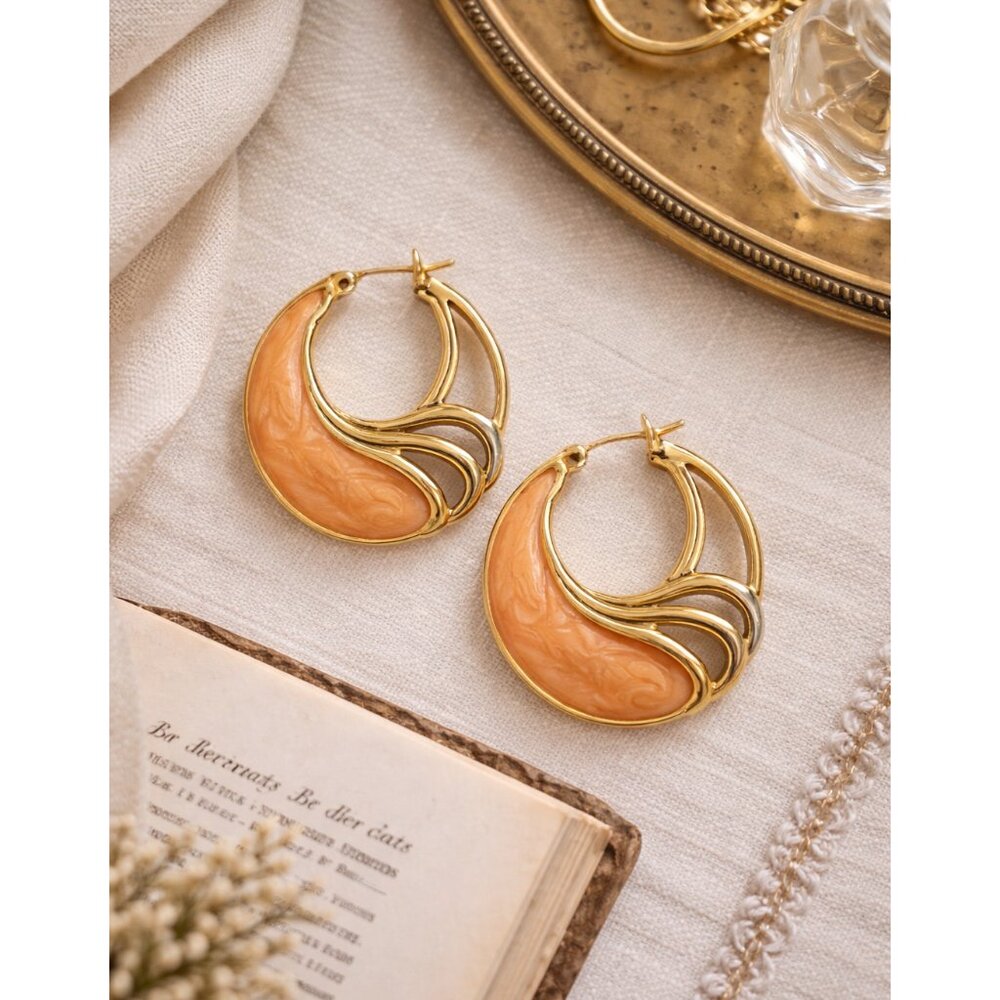 Vintage 1980s Coral Enamel Gold Tone Statement Hoop Earrings